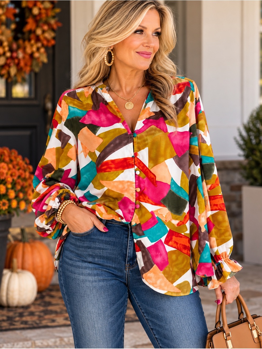 Entro Lily Geo Print Multicolor Oversized Button Blouse S Fits Larger